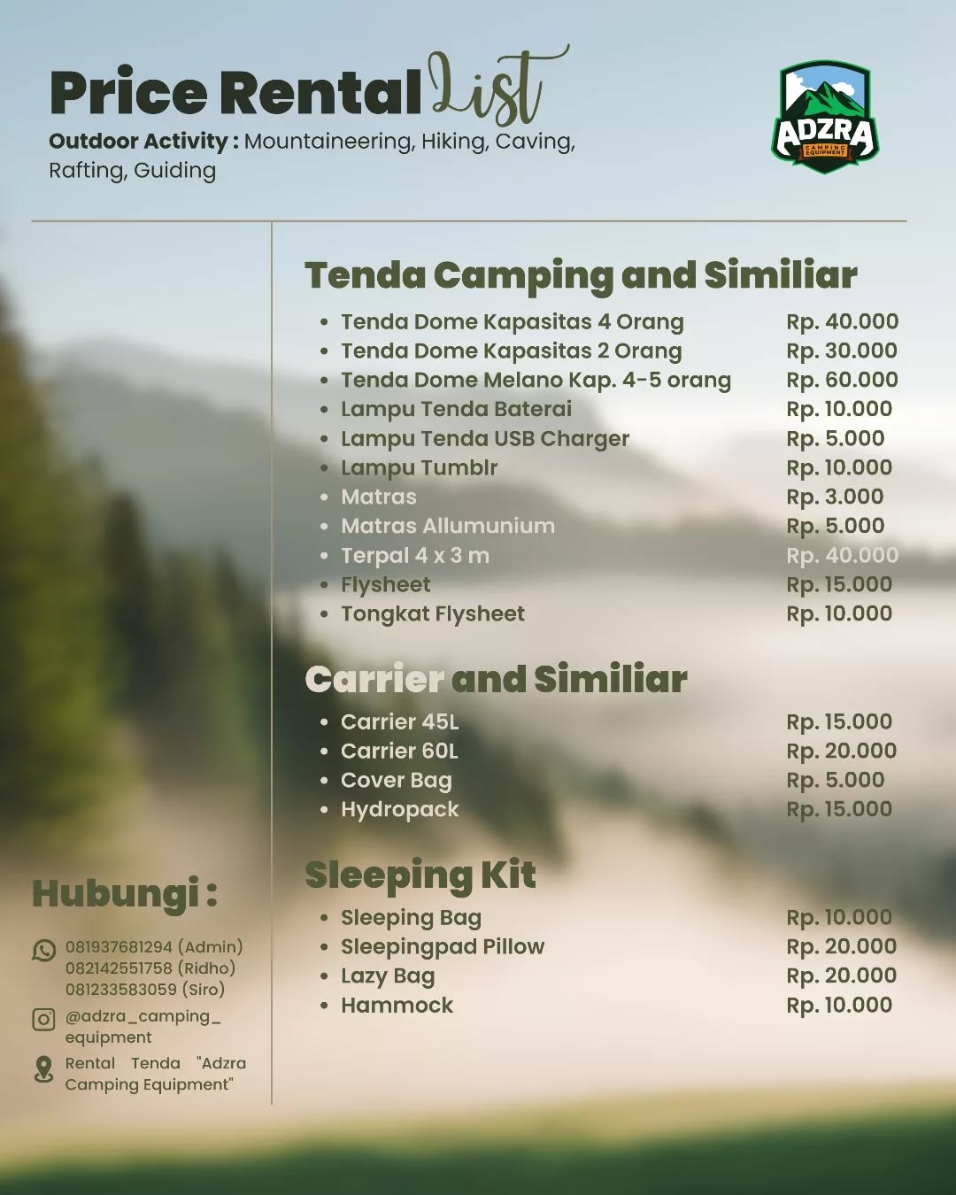 Pricelist Tenda